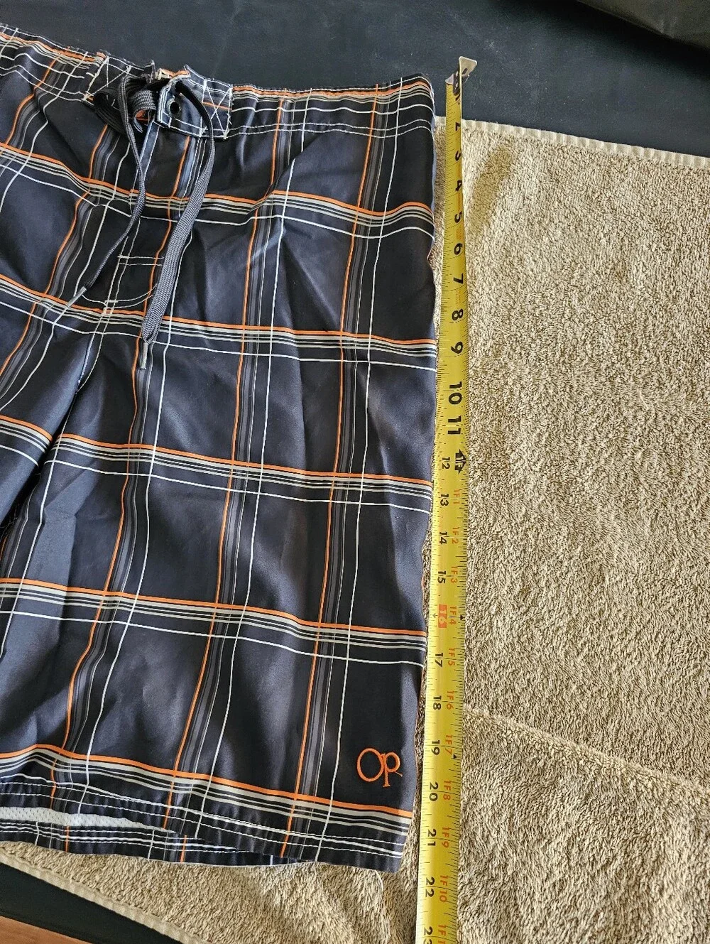 OP Men's Black Plaid Swim Board Shorts with Orange & White Lines